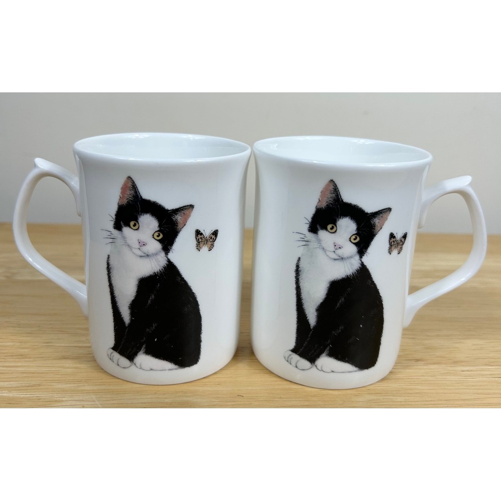 VTG Fine Bone China Tuxedo Cat Mugs SET/2 Kitten Butterfly Dainty Kitsch England